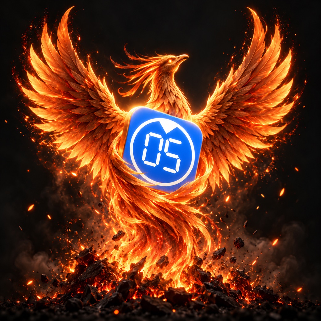 A glowing copper phoenix rising from ashes, carrying the blue MyCntdwn 05 icon at its heart.